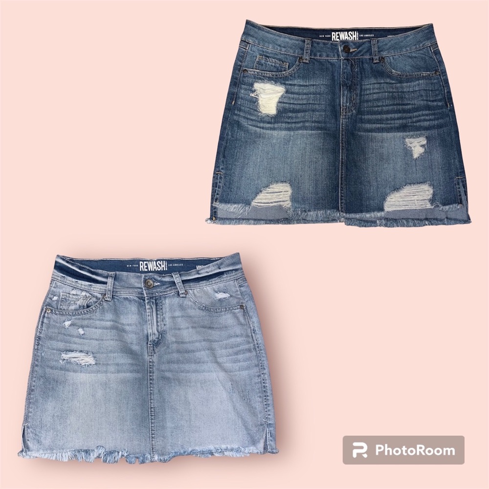 Rewash two jean skirts size juniors 9 zip up light + dark slight split hems